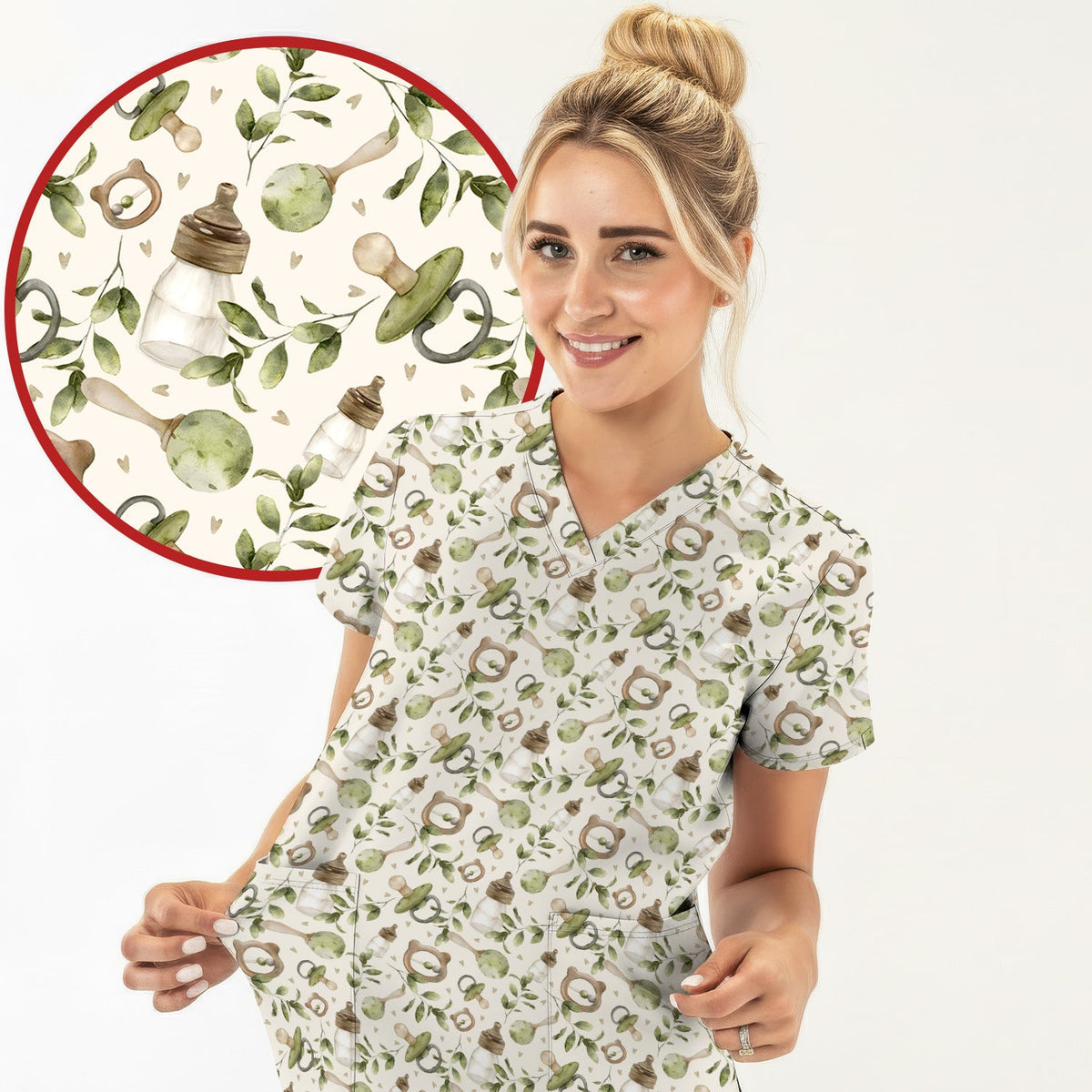 Cute Baby Bottle Greenery Nurse Scrub Set
