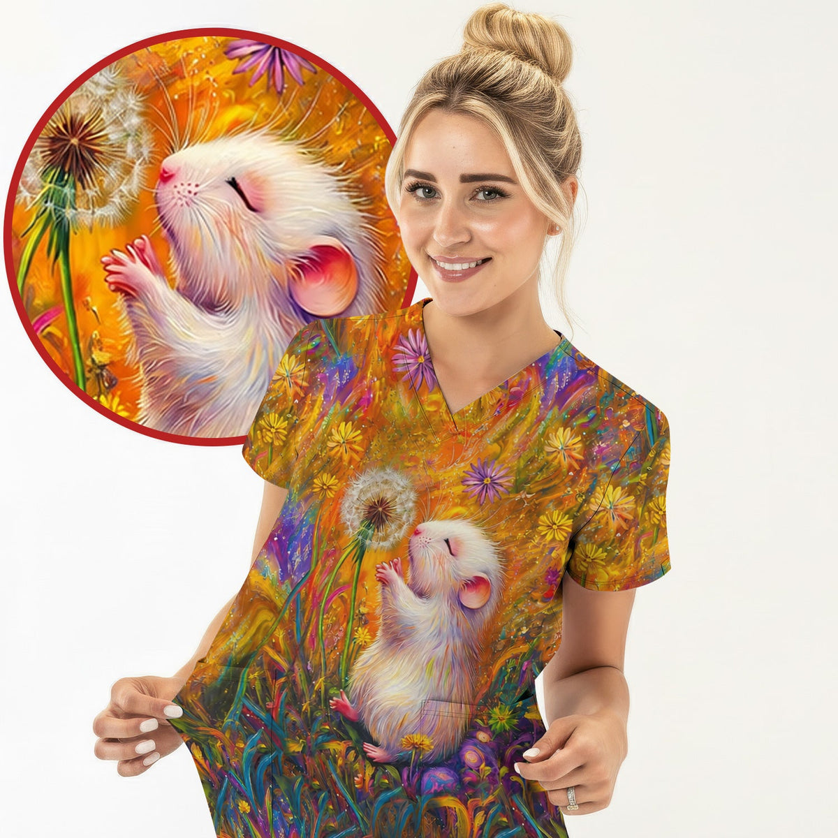 Whimsical Mouse Dandelion Nurse Scrub Top