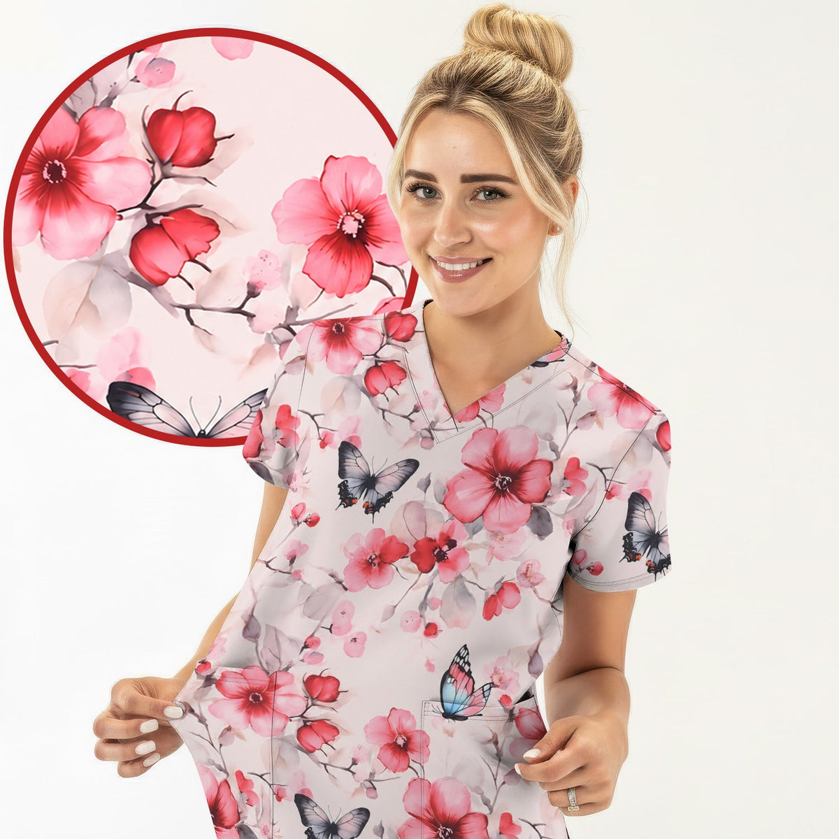 Pink Butterfly Blossom Nurse Scrub Top