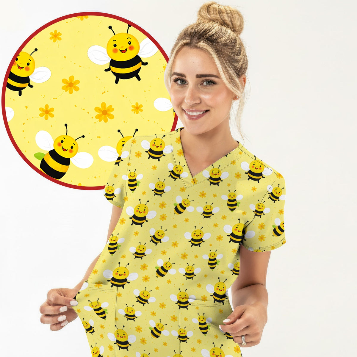 Cute Smiling Bee Yellow Floral Print Sets, Breathable Med Uniform