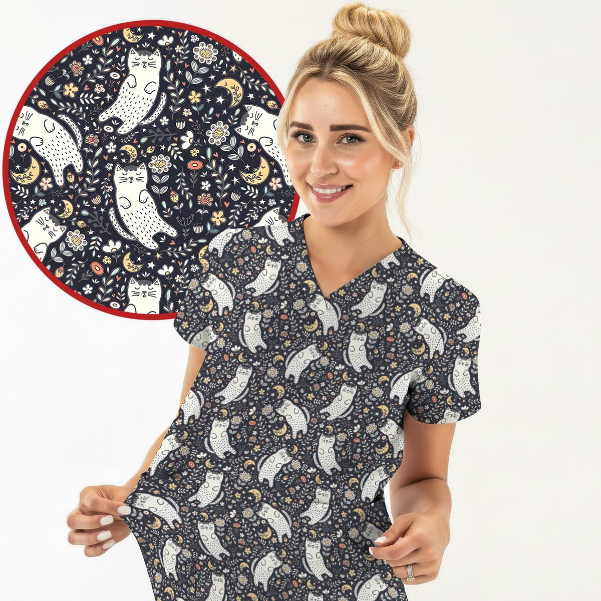 Moonlit Floral Cat Nurse Scrub Top