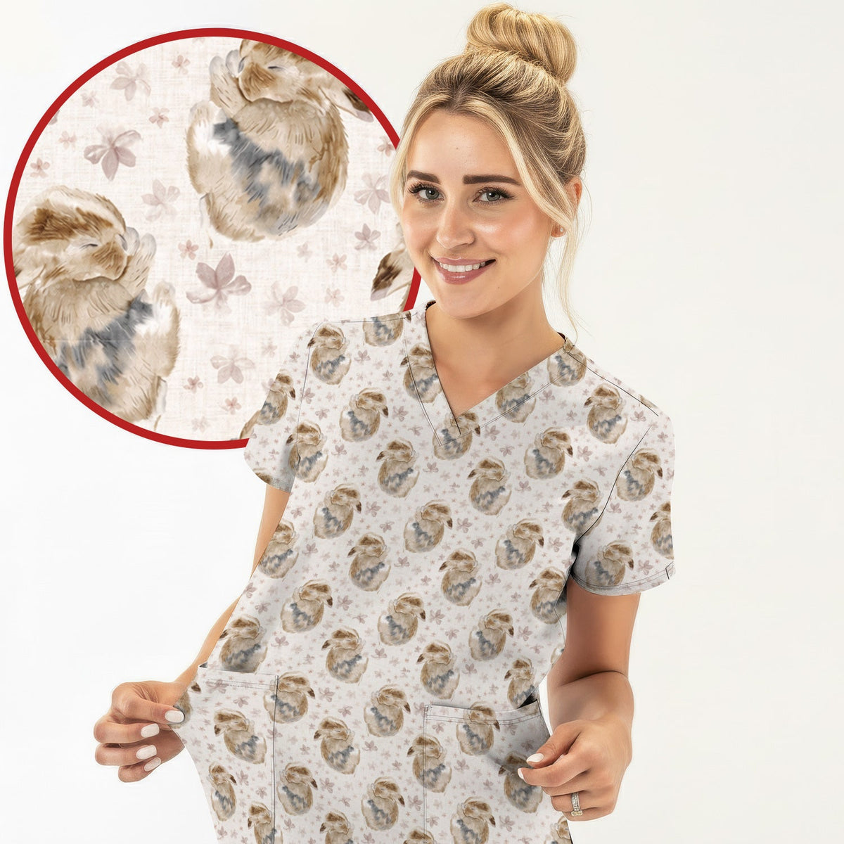 Sleeping Bunny Floral Meadow Nurse Scrub Top