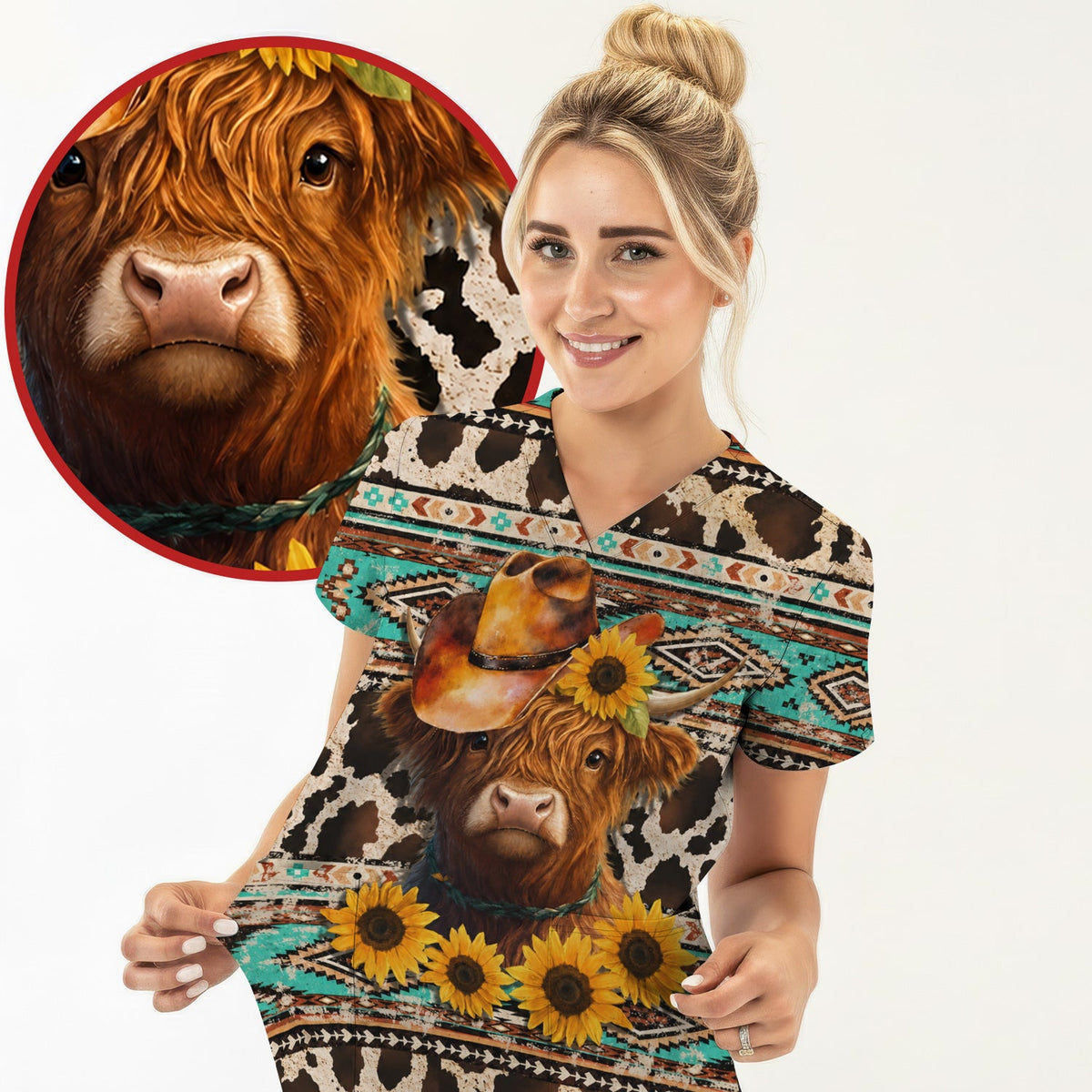 Western Highland Cow Sunflowers Nurse Scrub Top