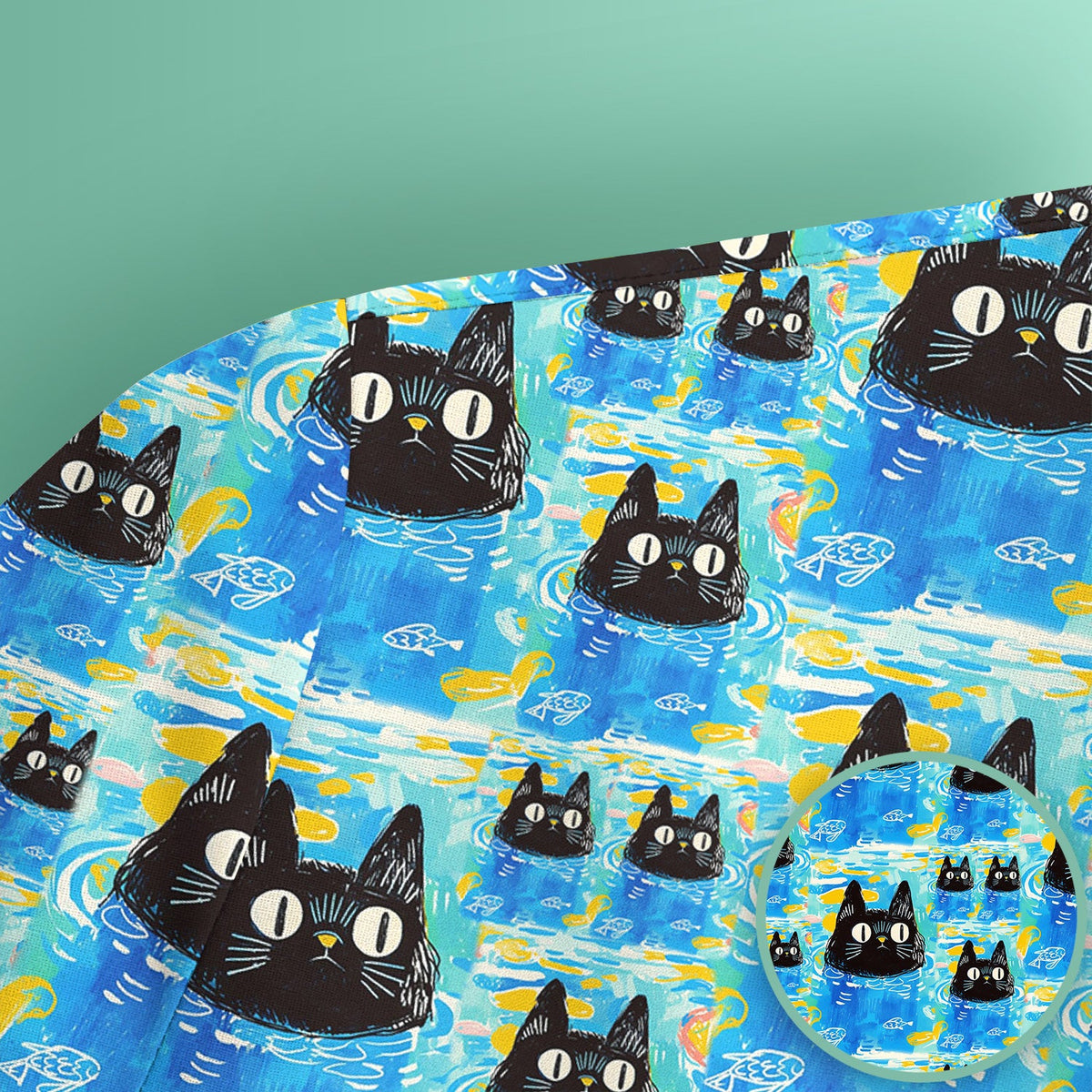 Black Cat Swimming In Blue Water Pattern Scrub Top, Comfortable Scrubs for Nurses