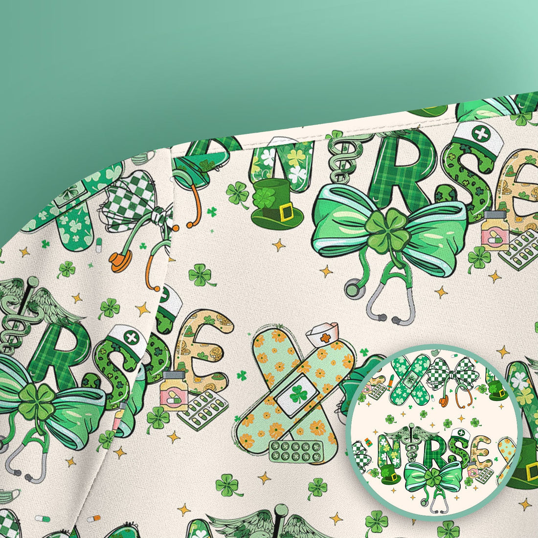 St Patrick Clover Green Bow Nurse Scrub Top