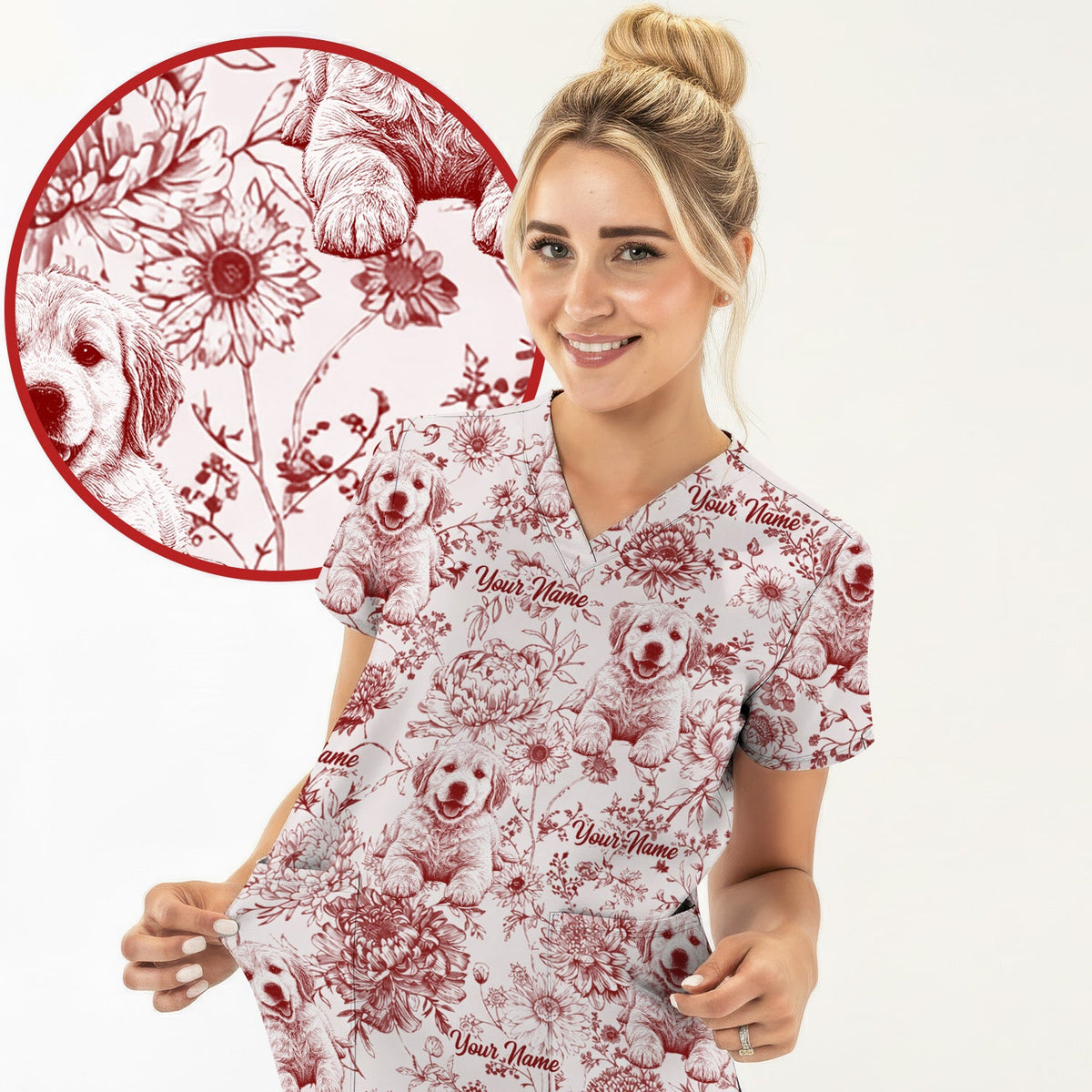 Personalized Pet Photo Floral Nurse Scrub Top
