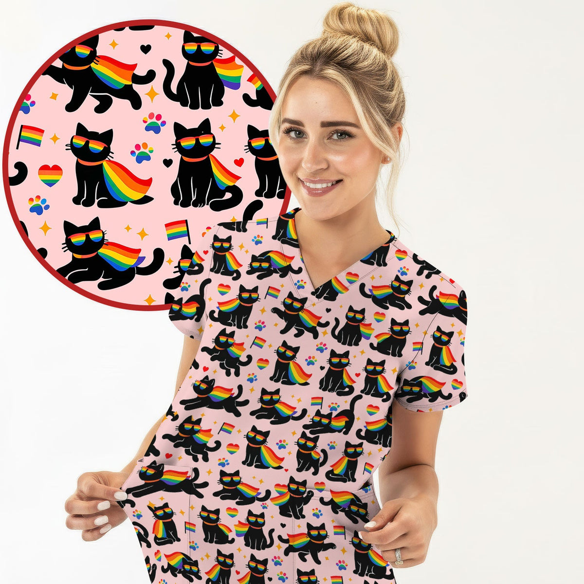 Rainbow Black Cat Pride Nurse Scrub Top