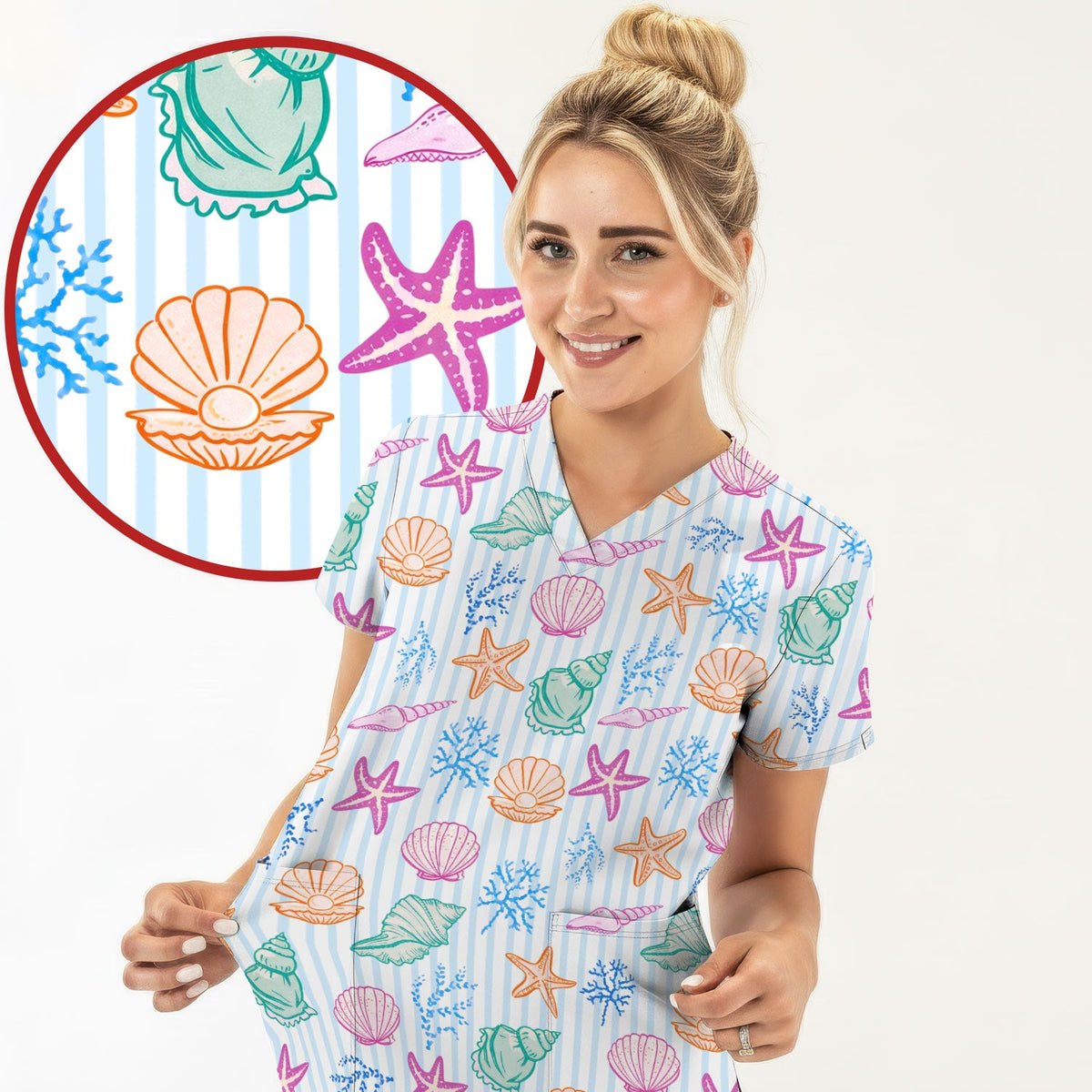 Colorful Seashell Starfish Ocean Stripe Nurse Scrub Top