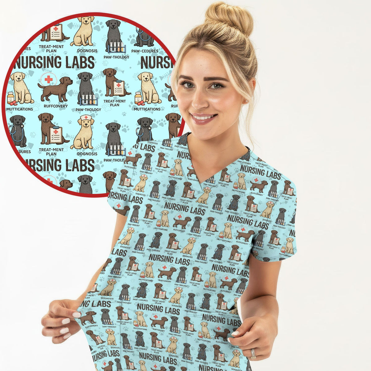 Playful Nursing Labs Dog Pattern Scrub Top, Comfortable Scrubs for Nurses