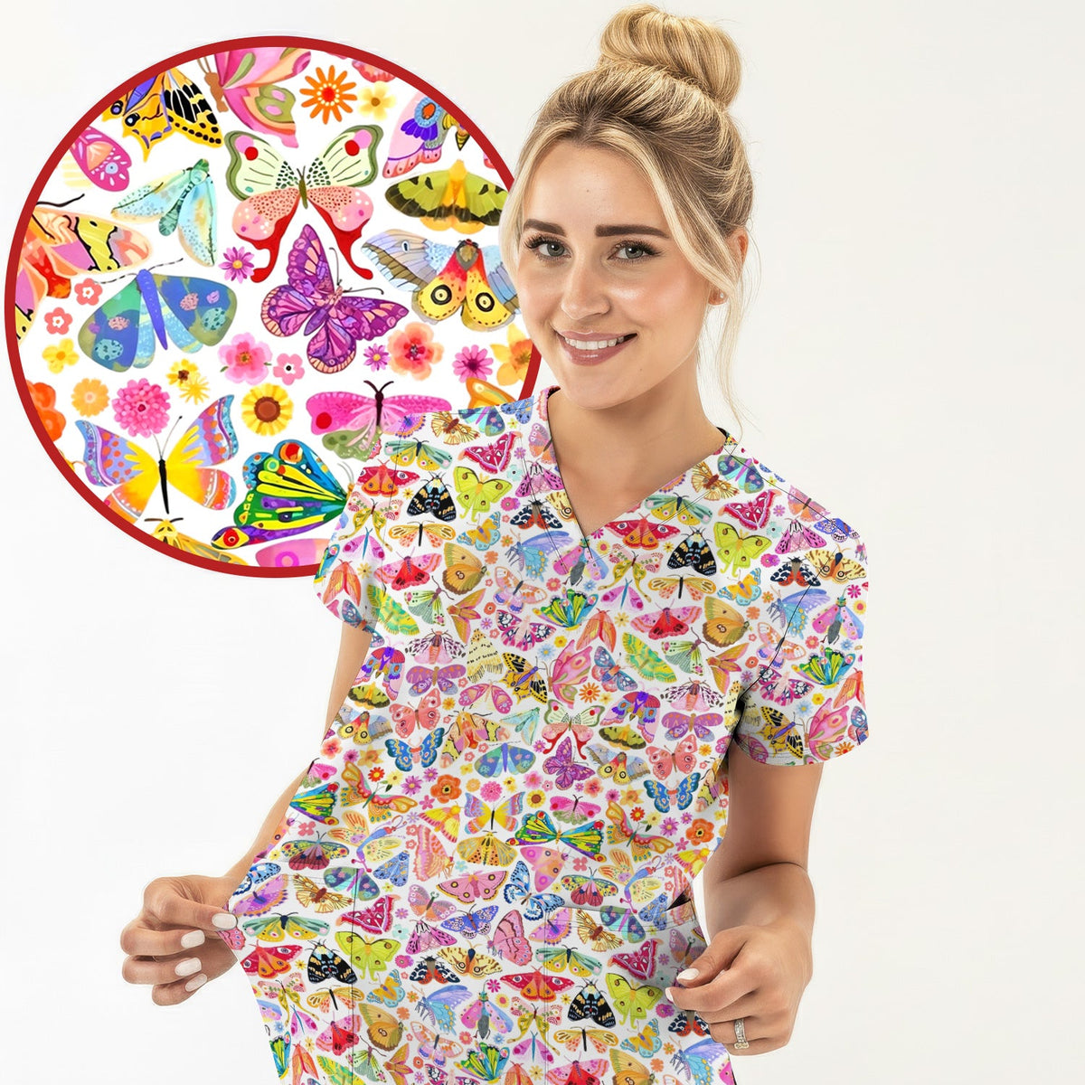 Cute Bright Butterfly Moth Floral Nurse Scrub Top