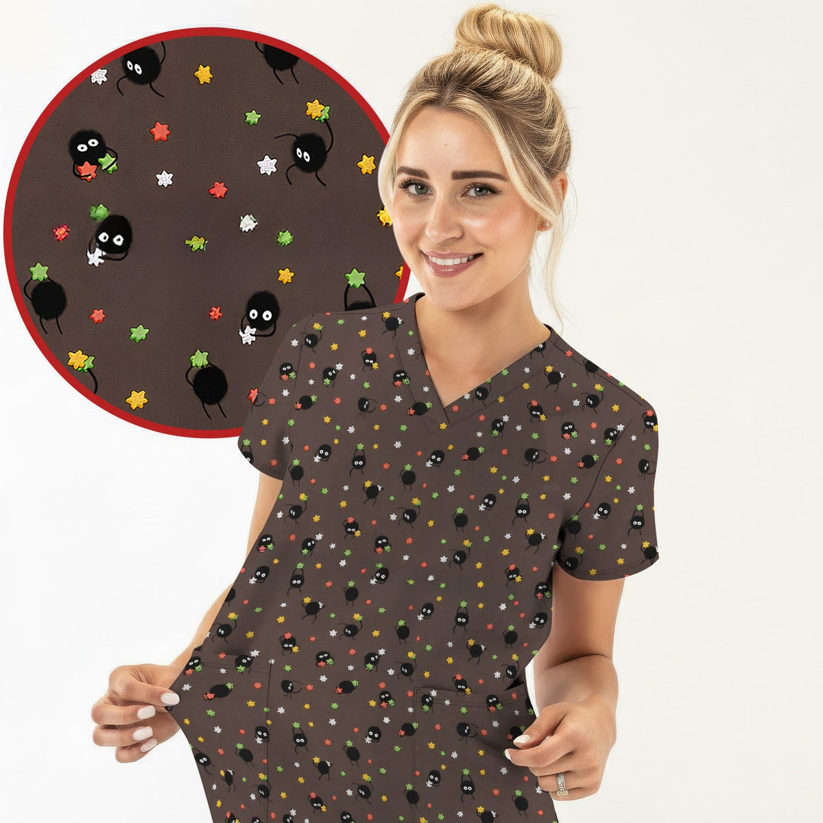 Funny Spider Pattern  Scrub Top, Cartoon Spider Pattern Nursing Uniform For Women