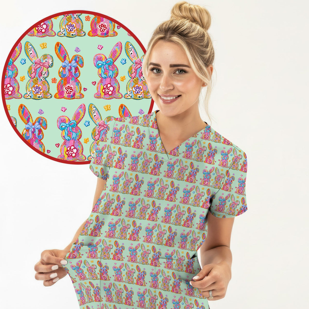 Pastel Bunny Floral Nurse Scrub Set