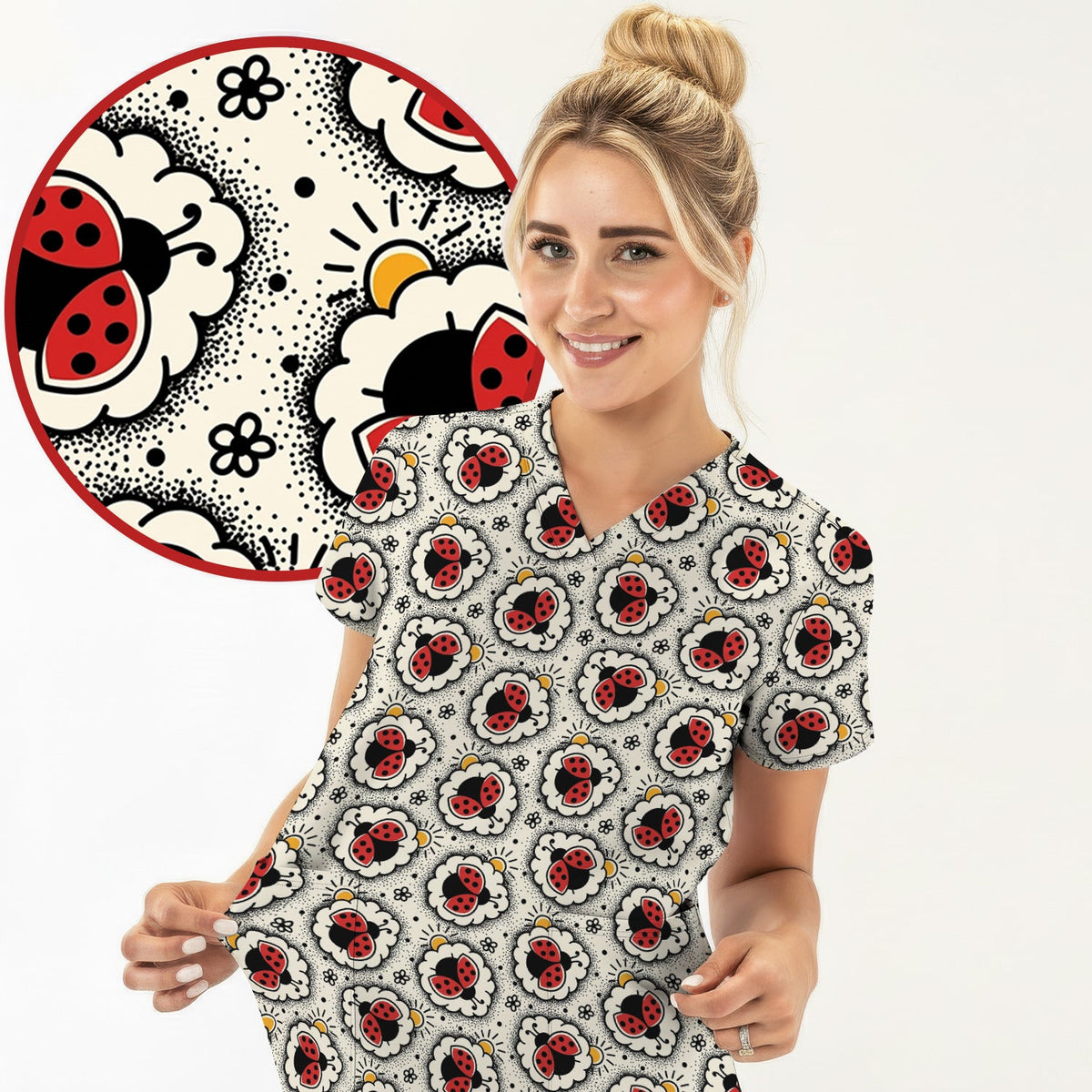 Ladybug Floral Frame Nurse Scrub Top