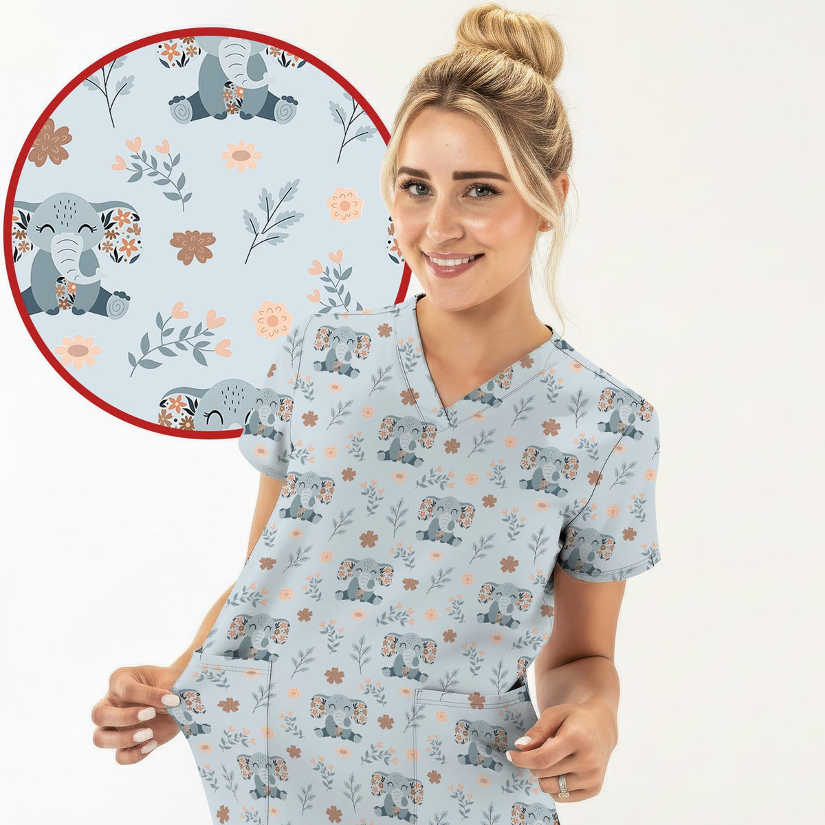Cute Elephant Floral Print Scrub Set, Scrub Pants and V Neck Top