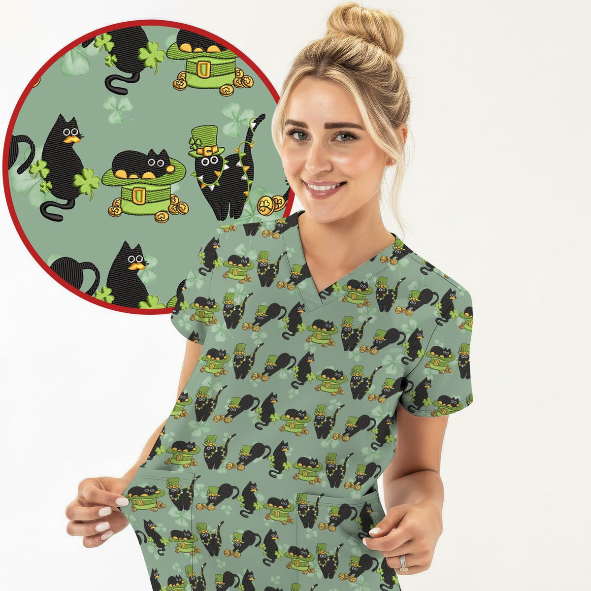 St Patrick Black Cat Clover Nurse Scrub Top