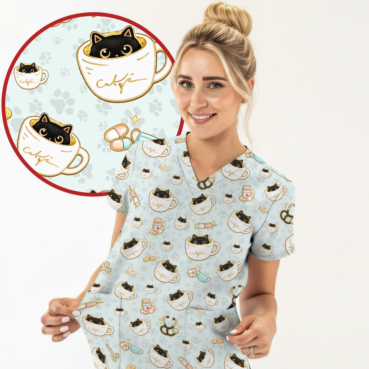 Coffee Cat Nurse Scrub Set