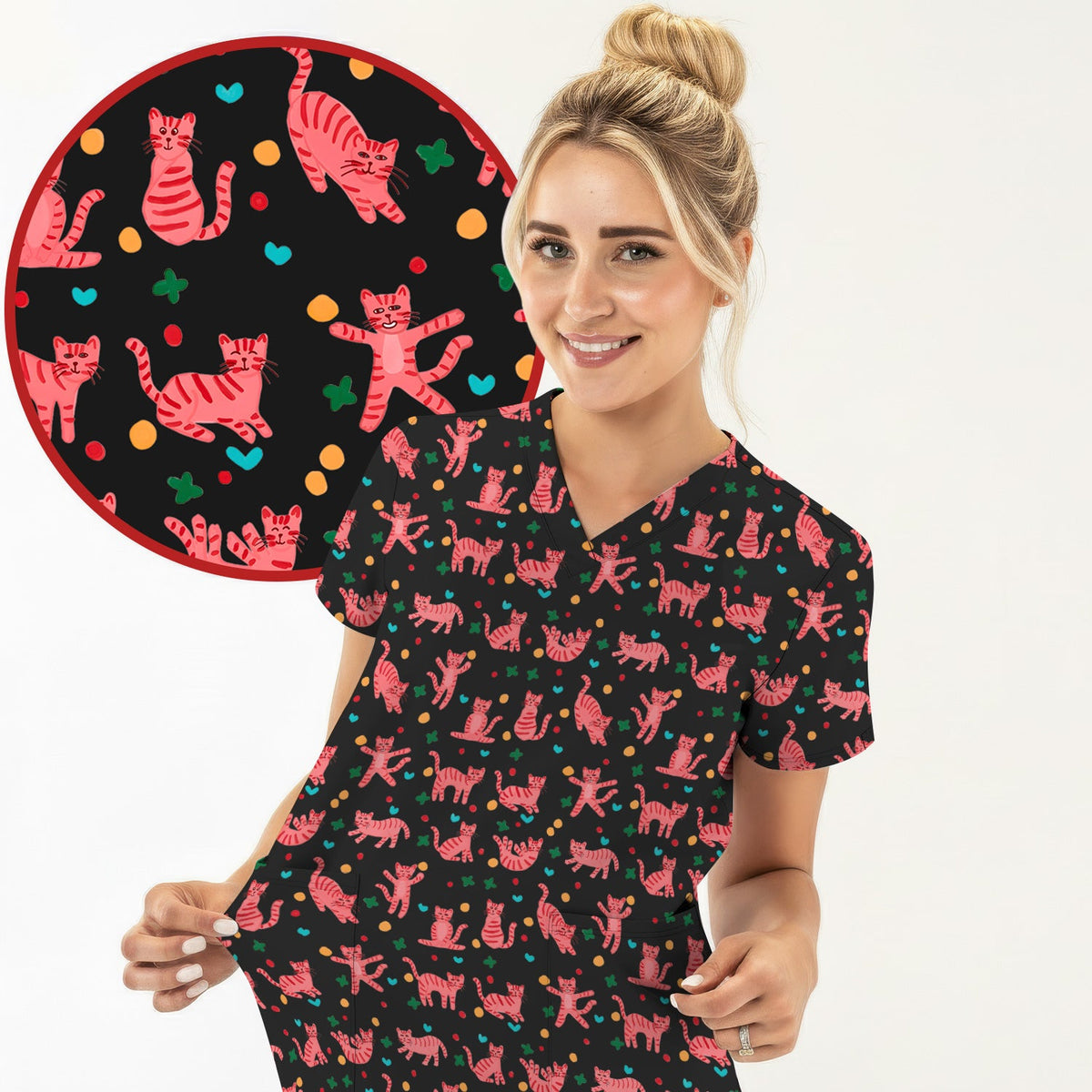 Pink Cat Nurse Scrub Top