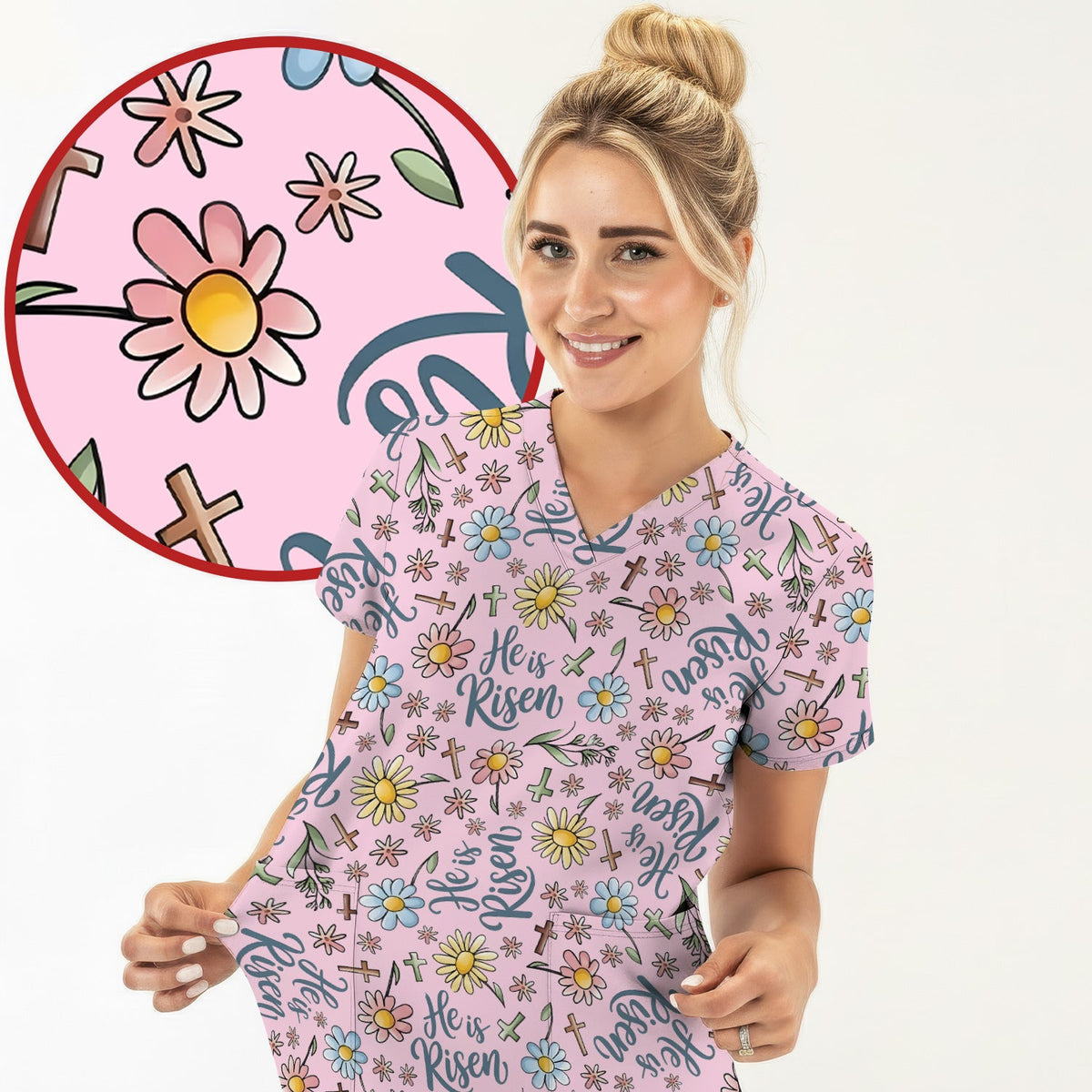 Risen Cross Flower Nurse Scrub Top - Easter Gift