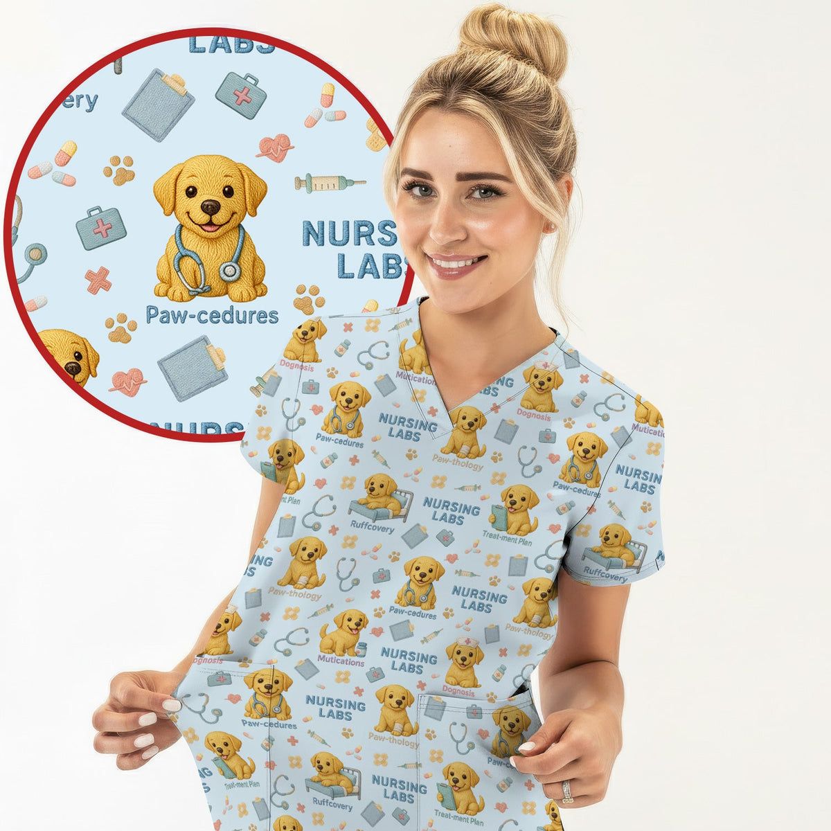 Labrador Nursing Scrub Top, Cute Dog Pattern Nurse Uniform,  Comfortable Scrubs For Nurses