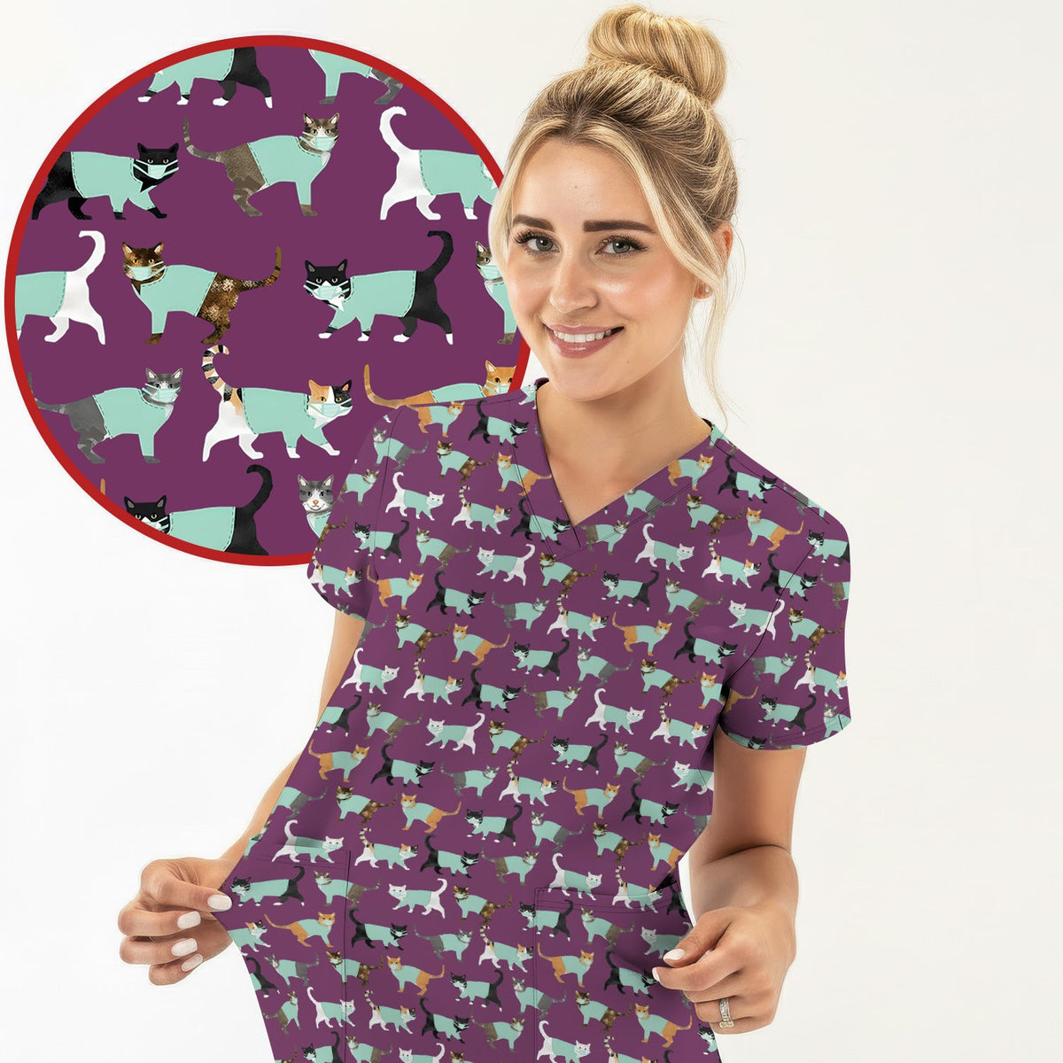 Playful Cat Nurse All Over Print Scrub Top, Comfortable Scrubs for Nurses