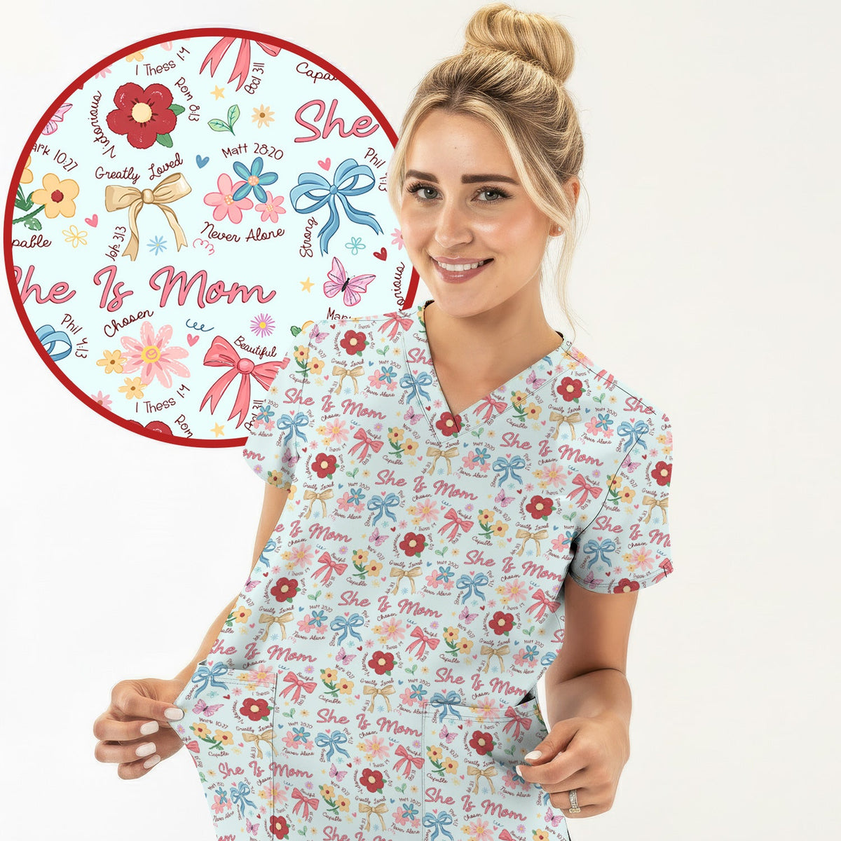 She Is Mom Floral Bow Nurse Scrub Top