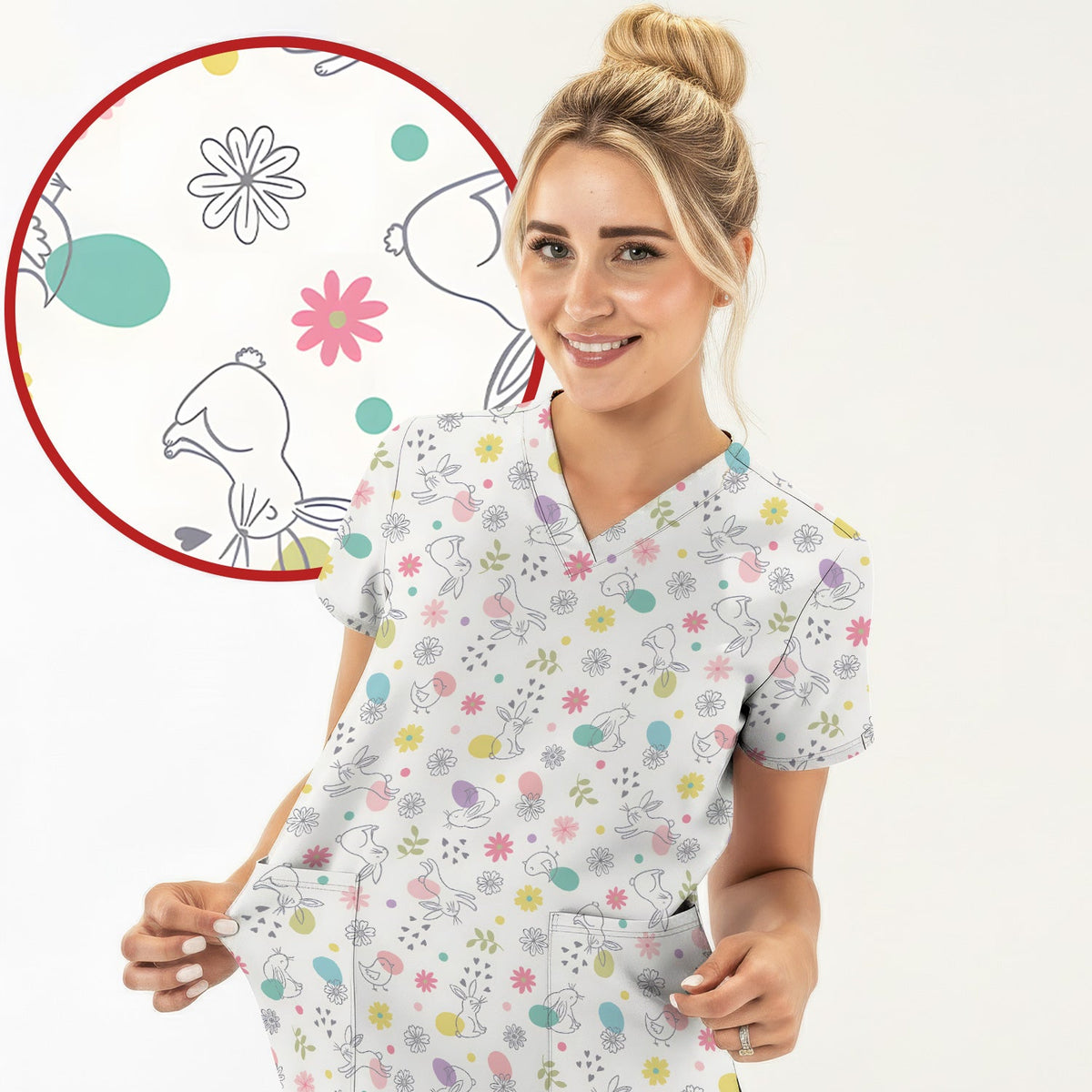Whimsical Easter Bunny Eggs Nurse Scrub Top