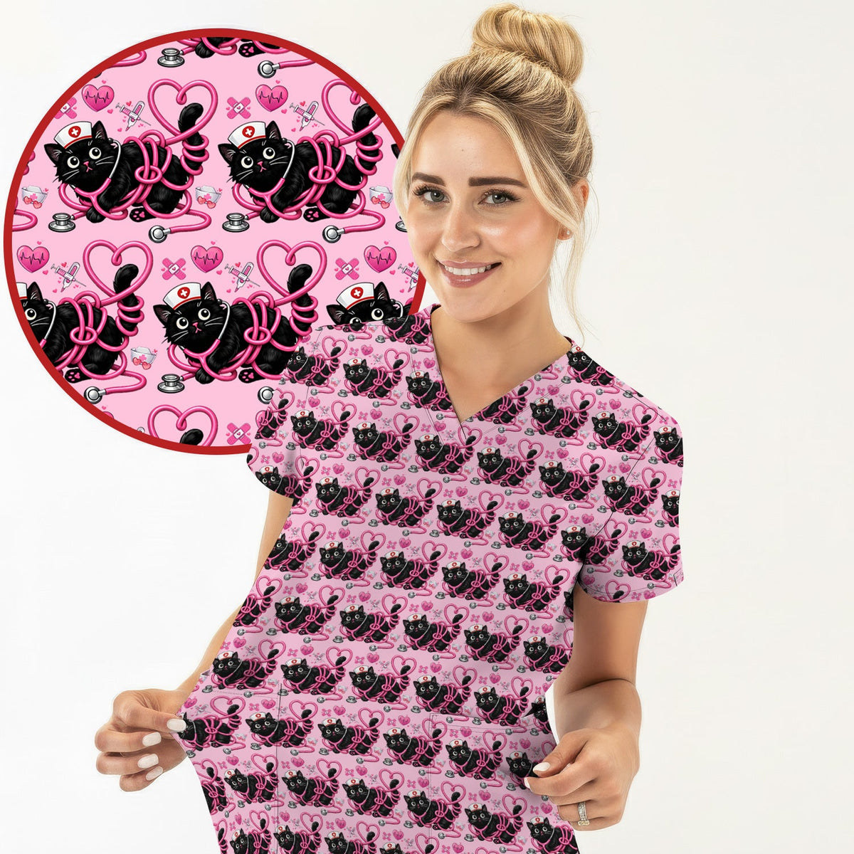 Valentine Cat Nurse Heart Scrub Top