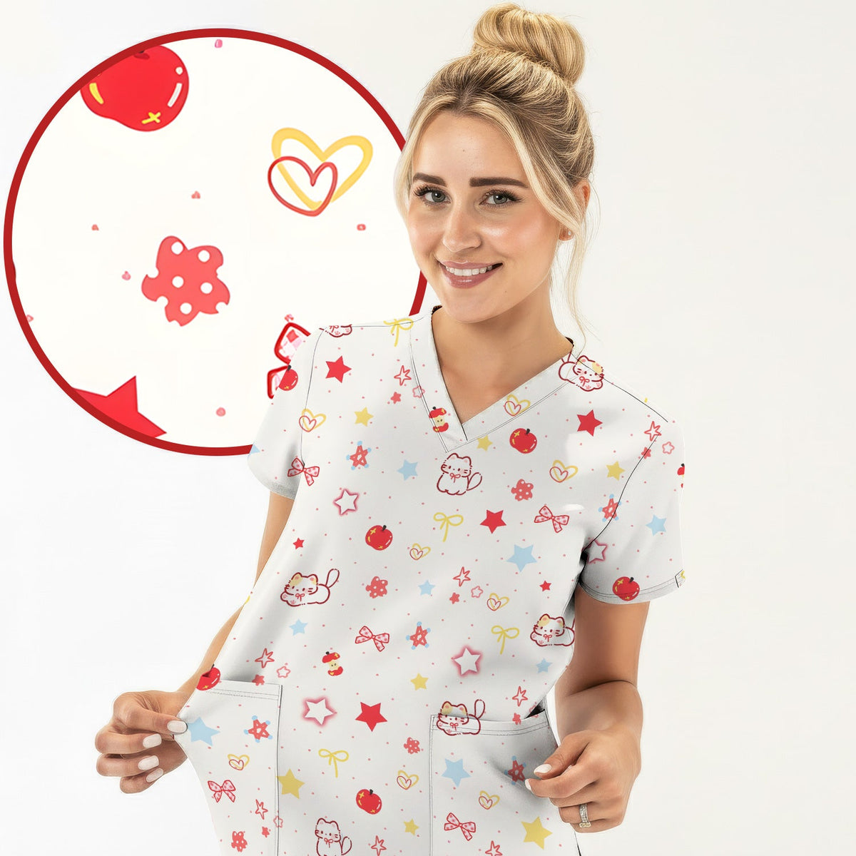Kawaii Cat Bow Star Nurse Scrub Top