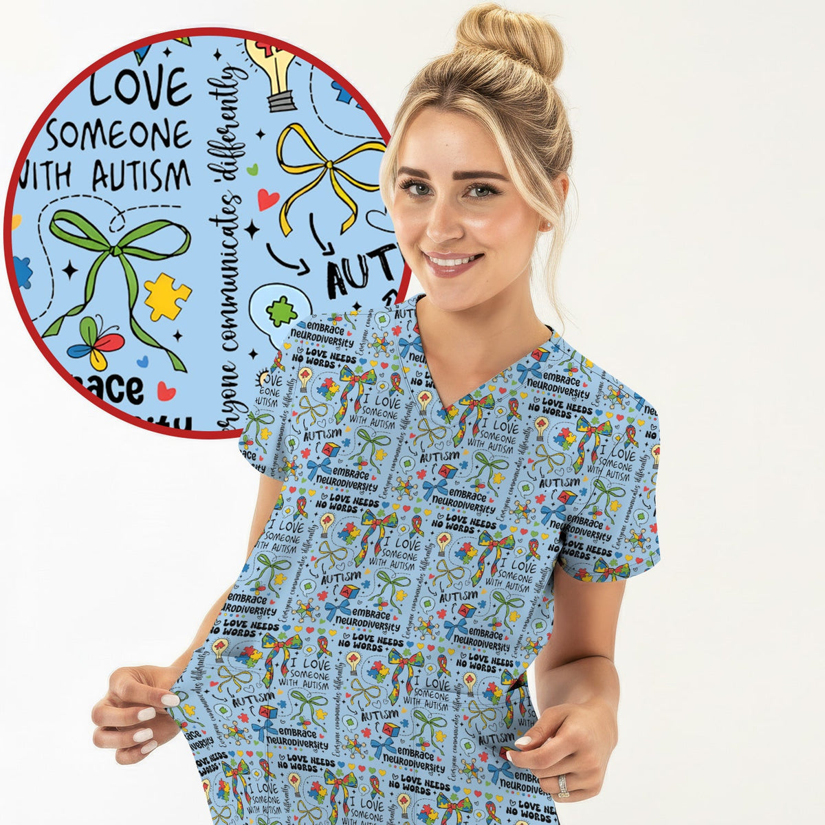 Autism Awareness Puzzle Ribbon Pastel Nurse Scrub Top