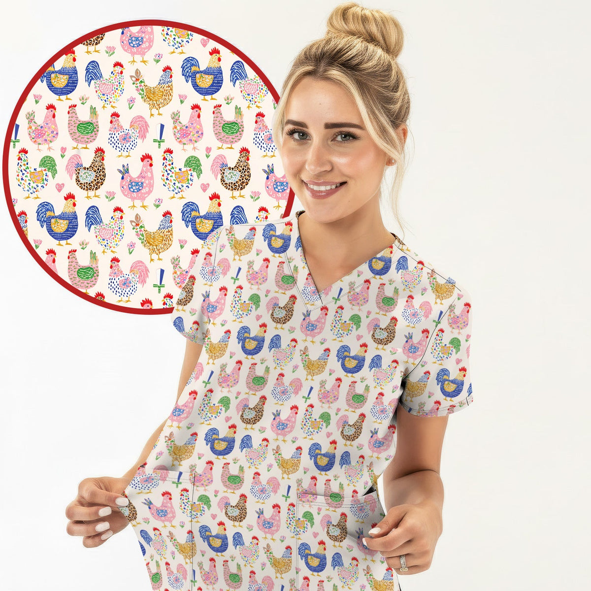 Colorful Chicken Farm Nurse Scrub Set