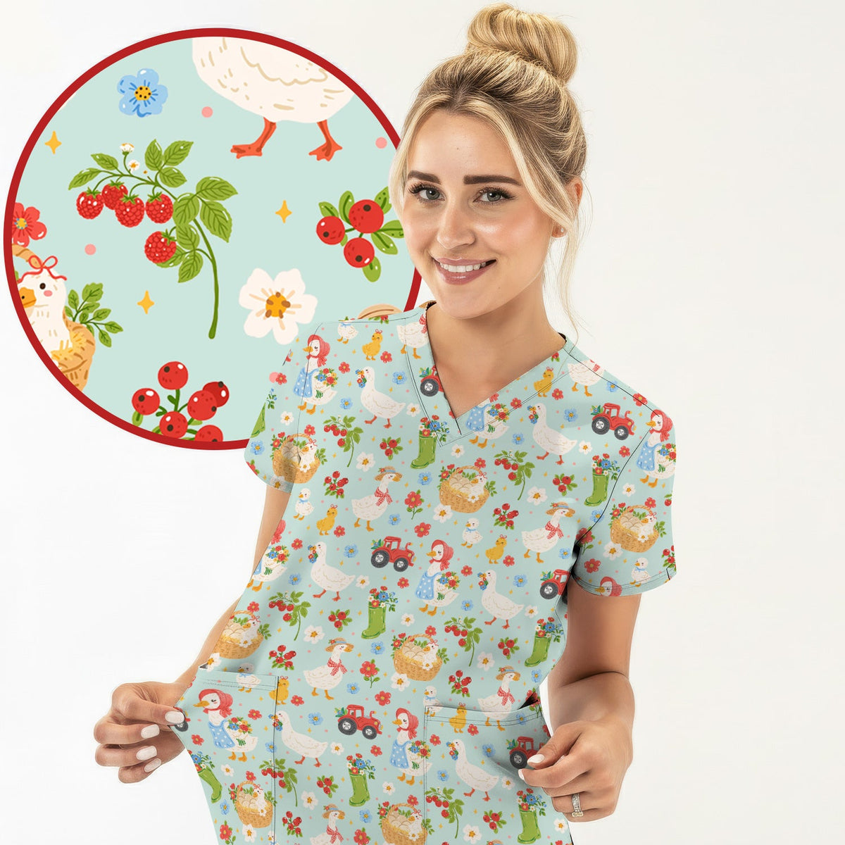 Farm Duck Chicken Tractor Flower Basket Nurse Scrub Top