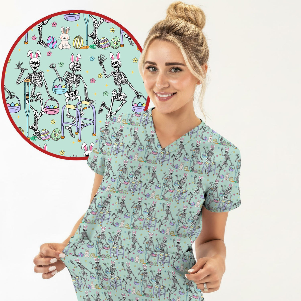 Fun Skeleton Bunny Nurse Scrub Set - Easter Gift