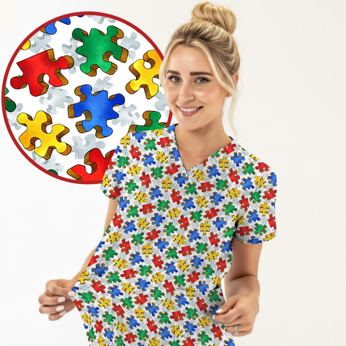 Colorful Autism Puzzle Piece Nurse Scrub Top