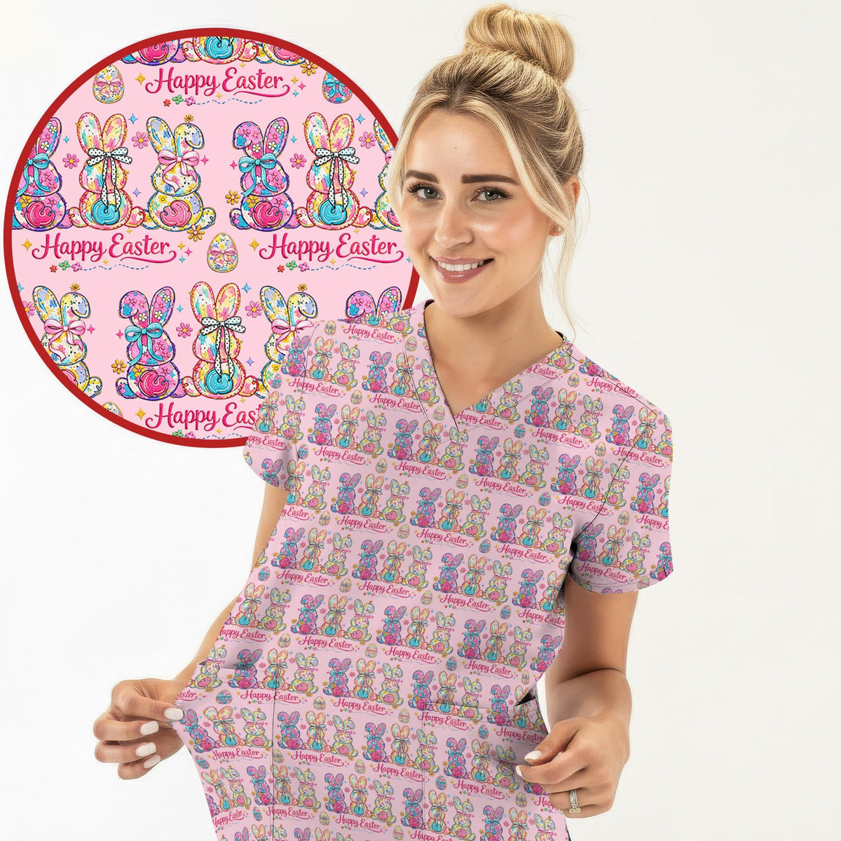 Pink Happy Easter Bunny Pattern Scrub Top, Comfortable Scrubs for Nurses