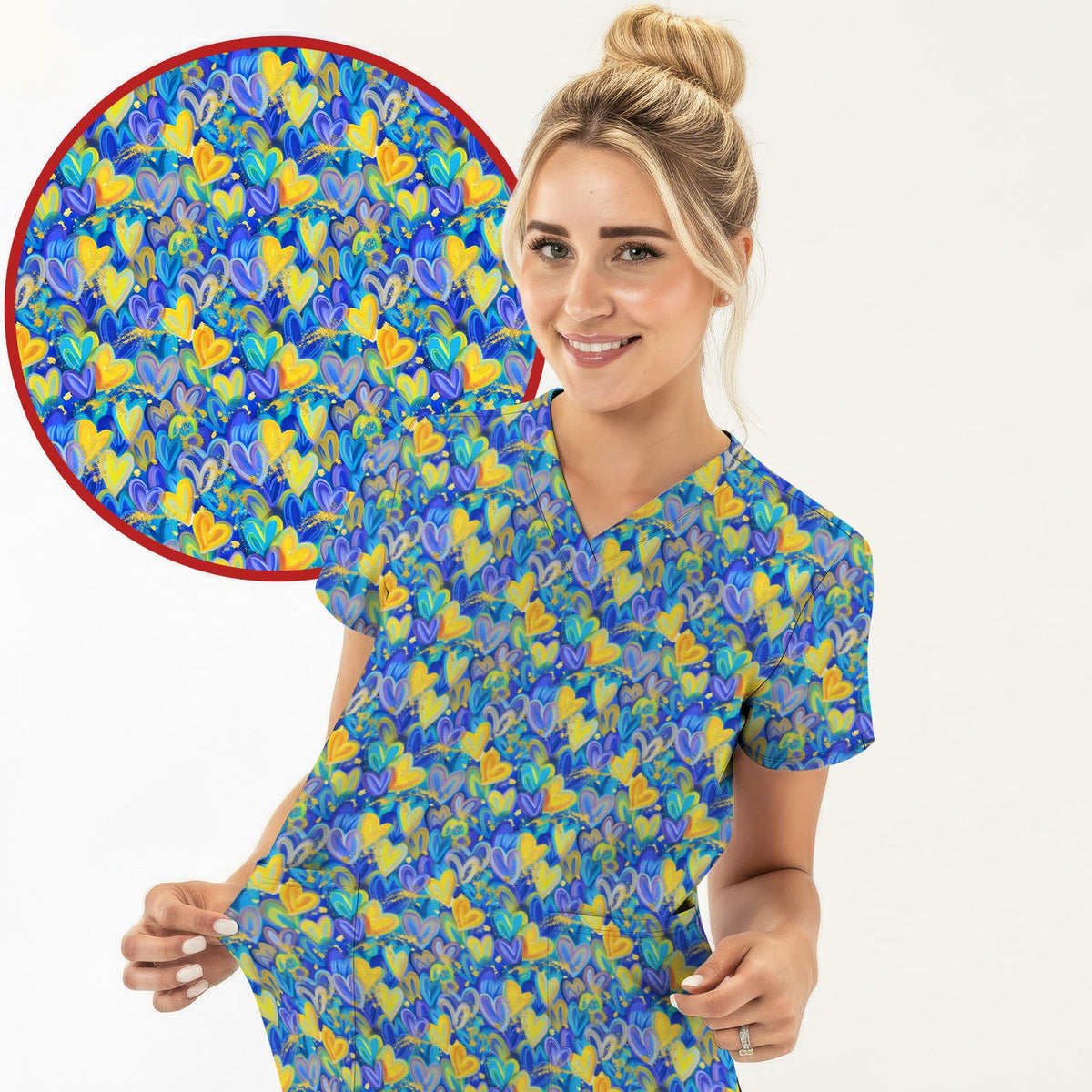 Blue Yellow Layered Heart Nurse Scrub Set