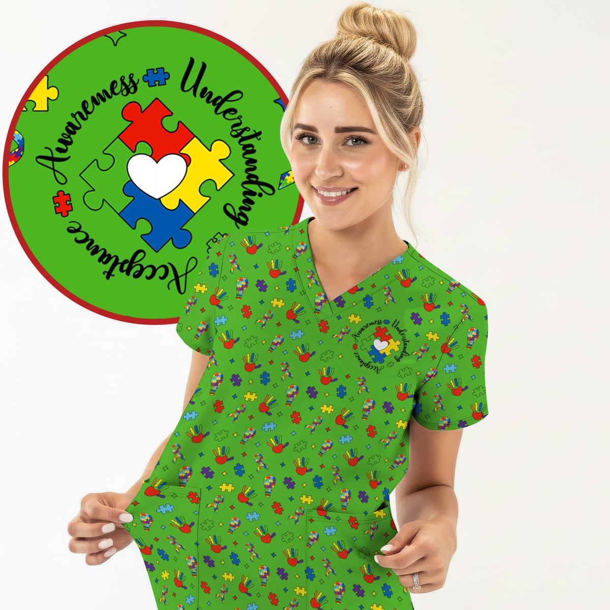 Autism Awareness Colorful Puzzle Nurse Scrub Top