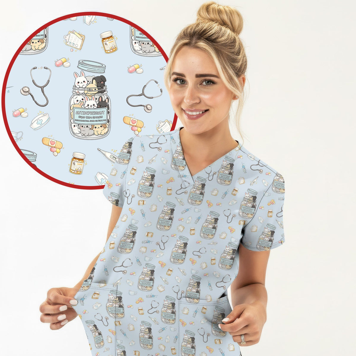 Whimsical Antidepressant Rabbit Jar Nurse Scrub Top