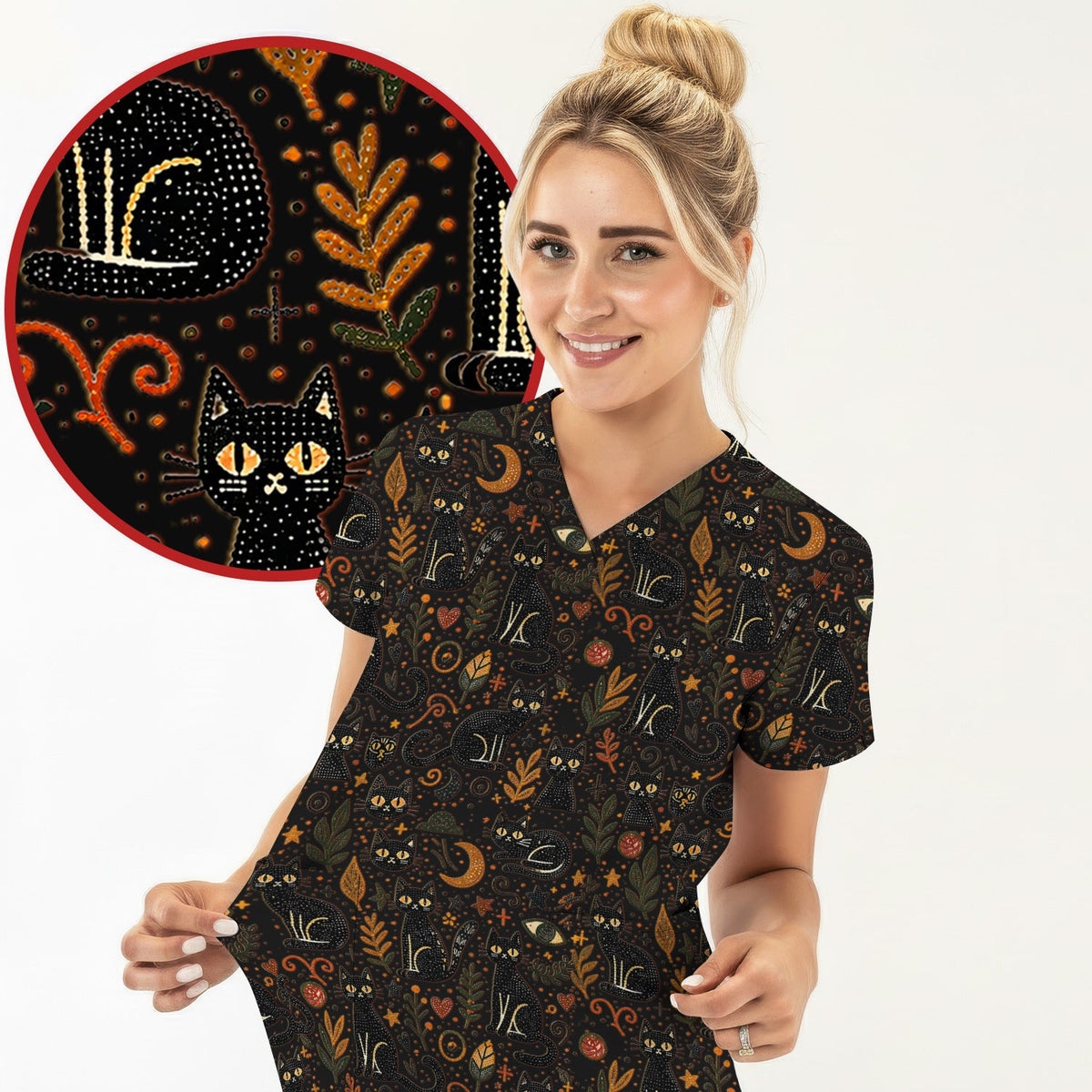 Mystic Black Cat Celestial Doodle Pattern Scrub Top, Comfortable Scrubs for Nurses