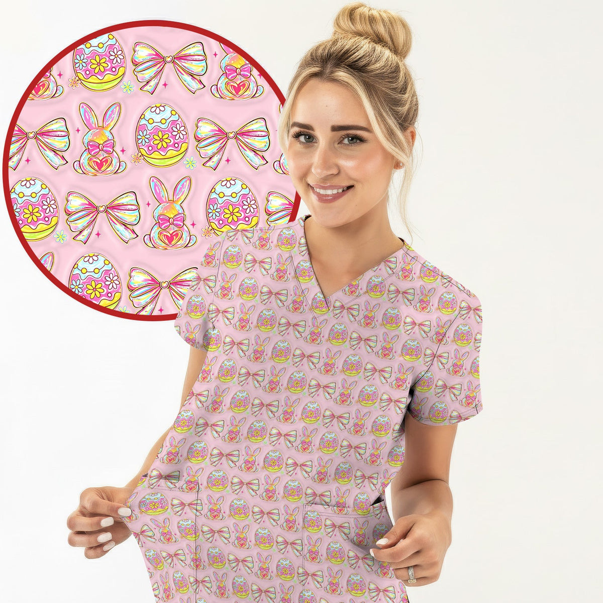 Bunny Pastel Egg Bow Nurse Scrub Top - Easter Gift
