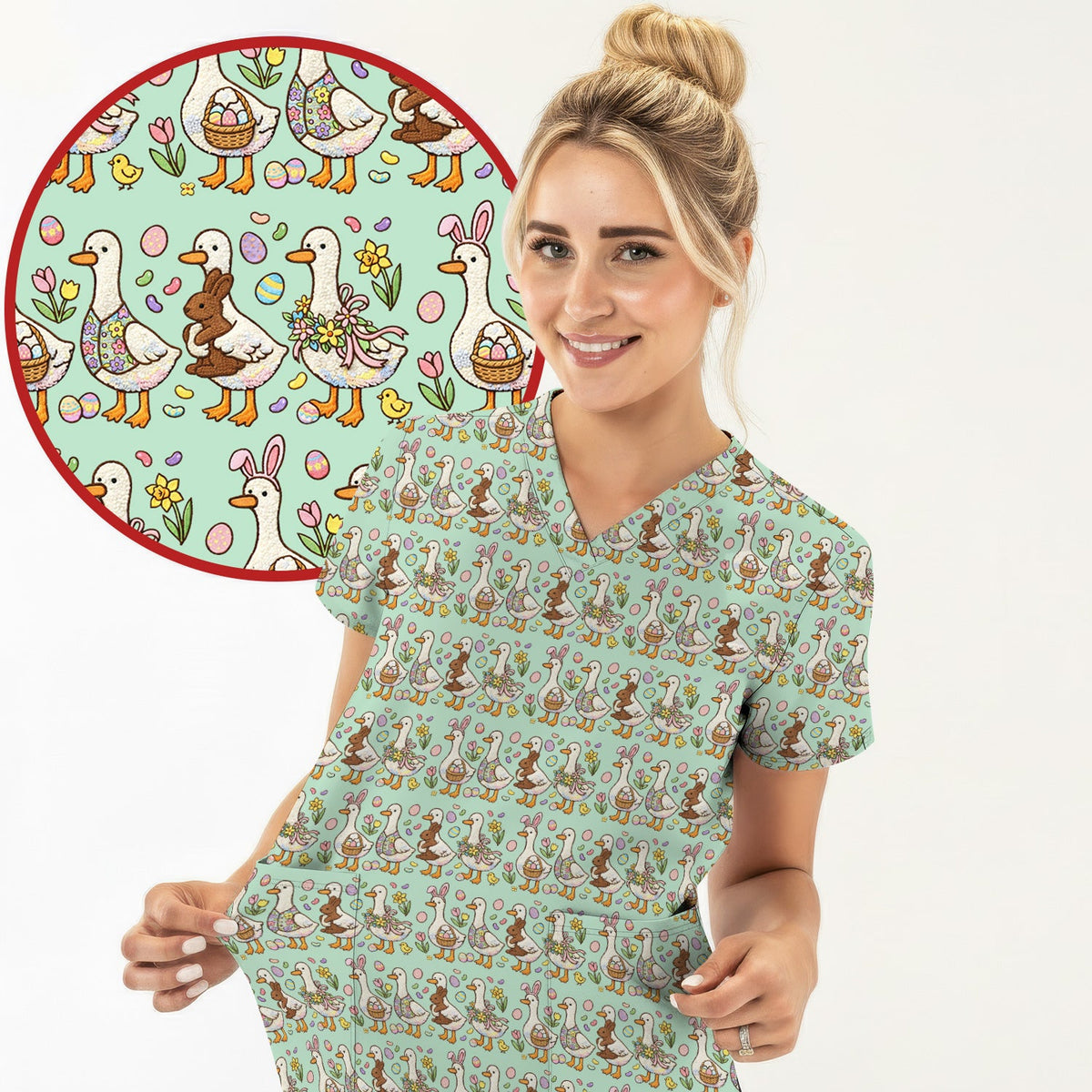 Duck Bunny Egg Floral Nurse Scrub Set - Easter Gift