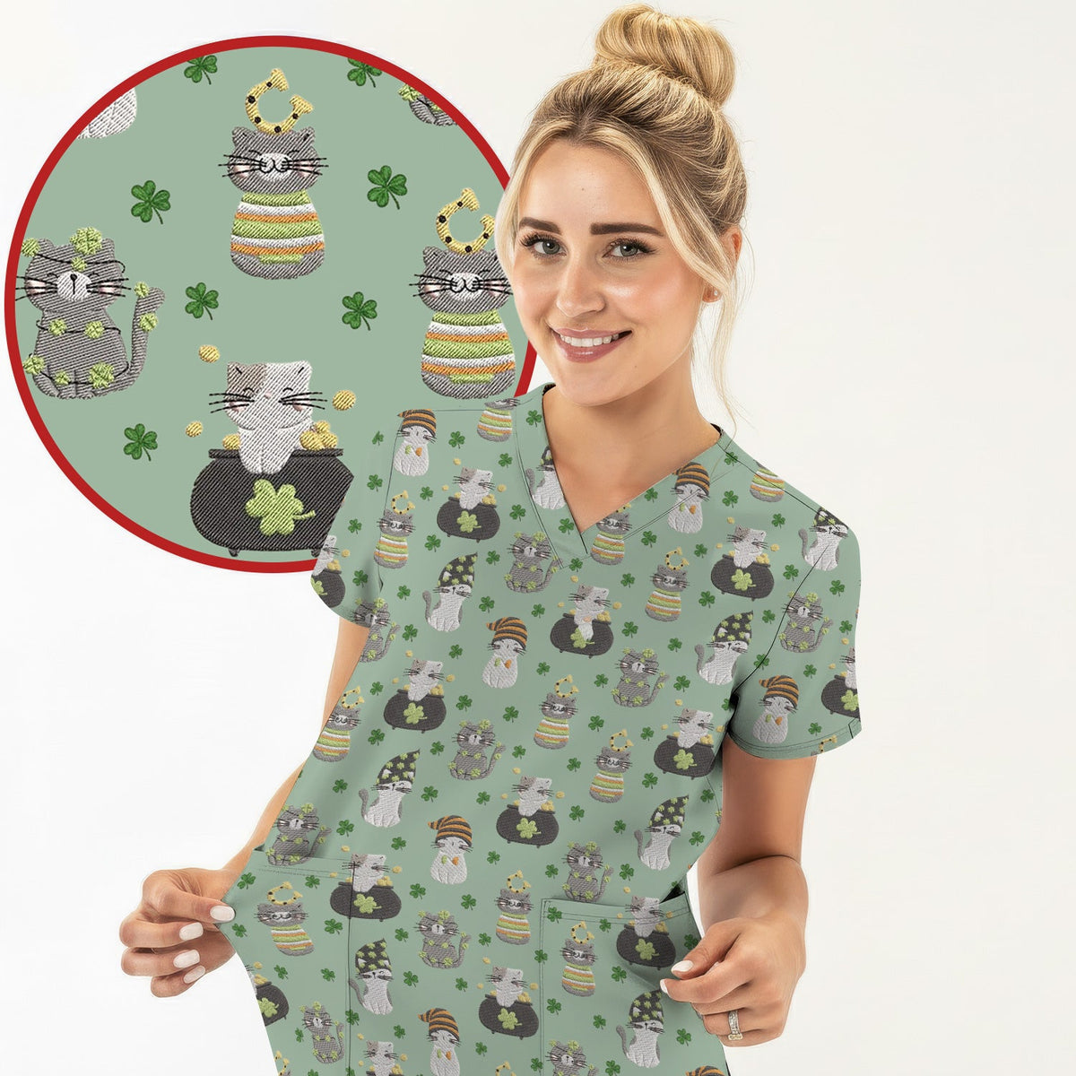 St Patrick Lucky Cat Shamrock Nurse Scrub Top