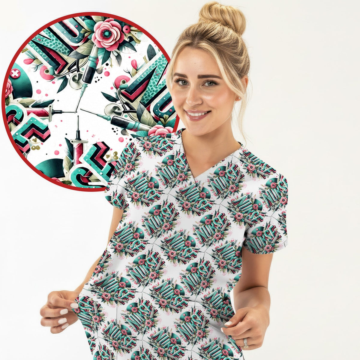 Typography Floral Nurse Scrub Top