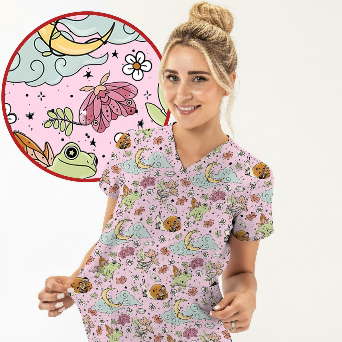 Whimsical Frog Moon Mushroom Nurse Scrub Top