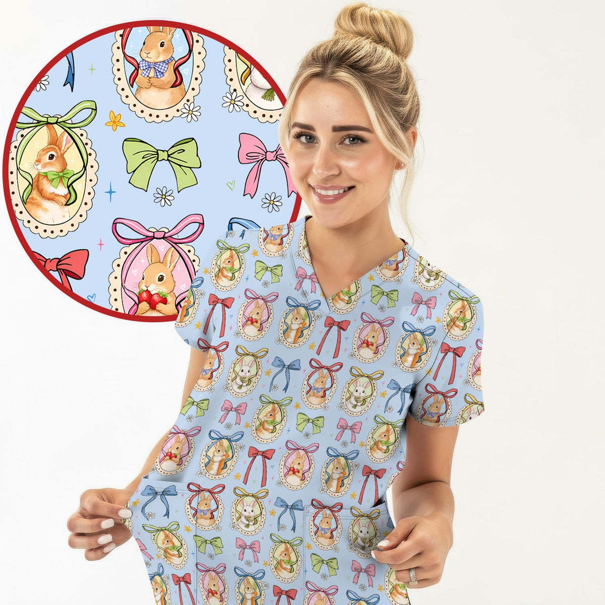 Bunny Cameo Bow Nurse Scrub Set - Easter Gift