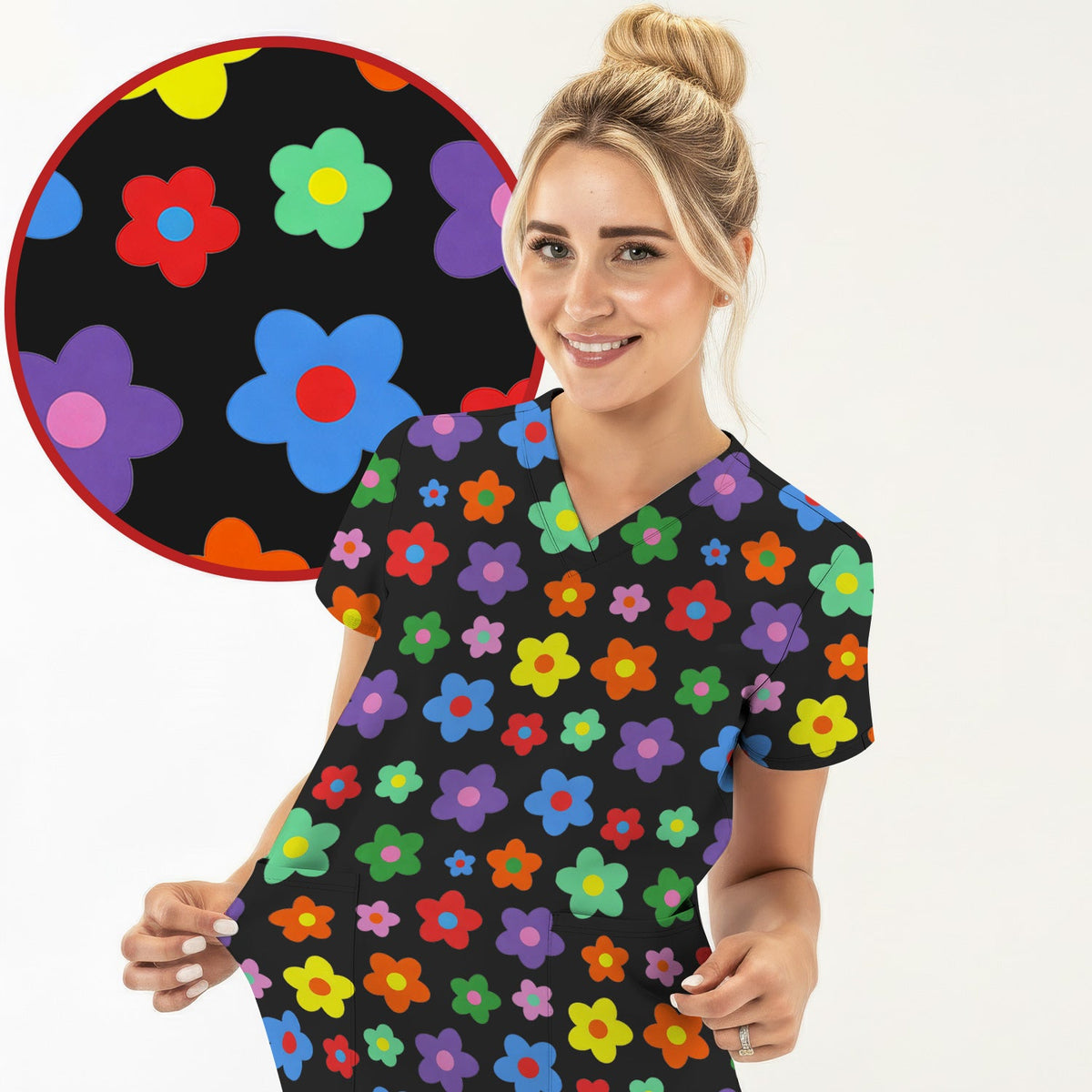 Colorful Retro Flower Nurse Scrub Top