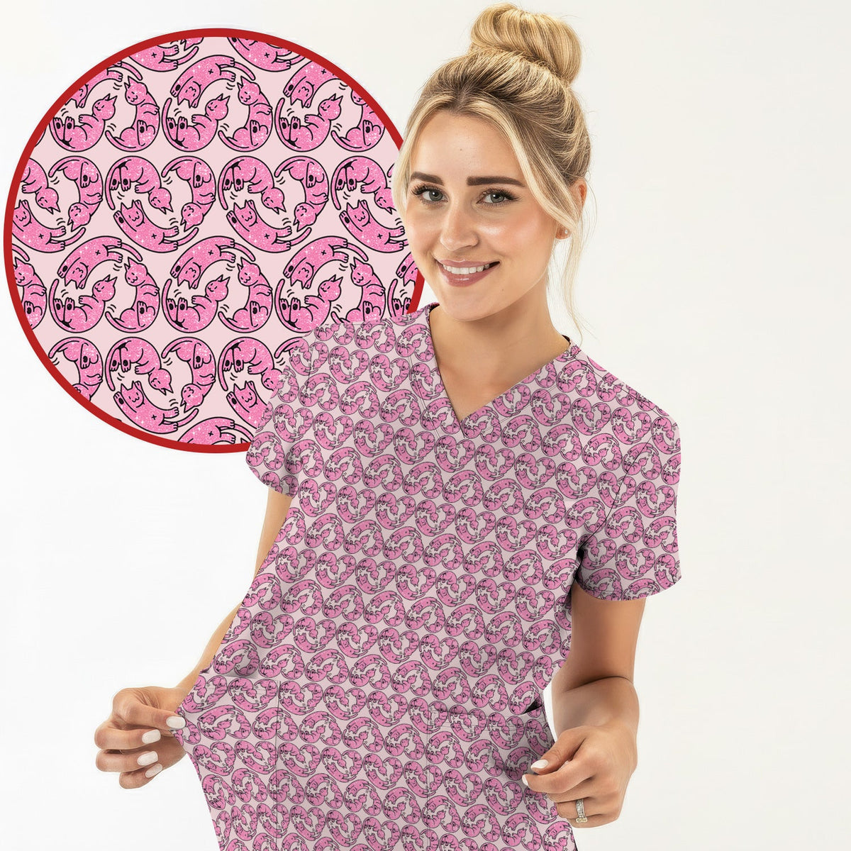 Pink Cat Cartoon Nurse Scrub Top