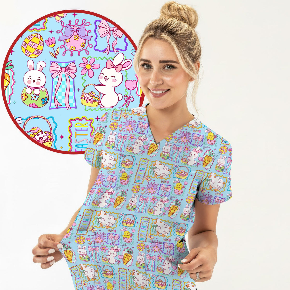 Cute Easter Bunny Egg and Bow Print Scrub Set, Scrub Pants and V Neck Top