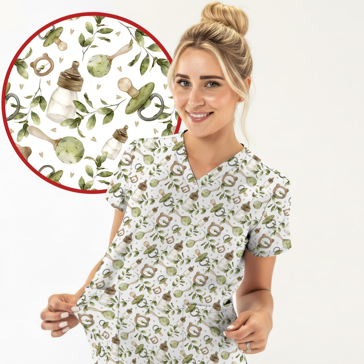 Cute Baby Bottle Greenery Nurse Scrub Set