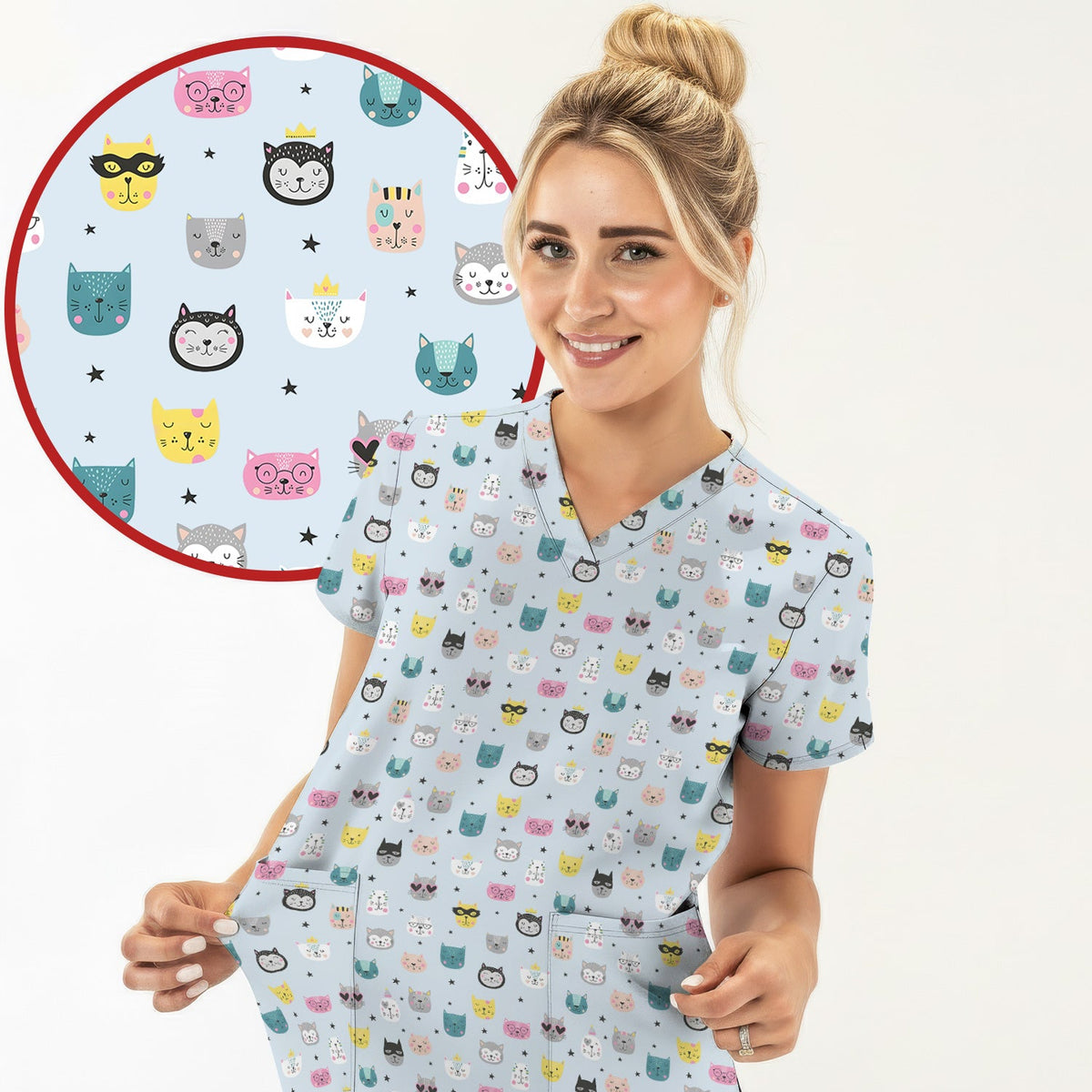 Colorful Cat Nurse Scrub Top