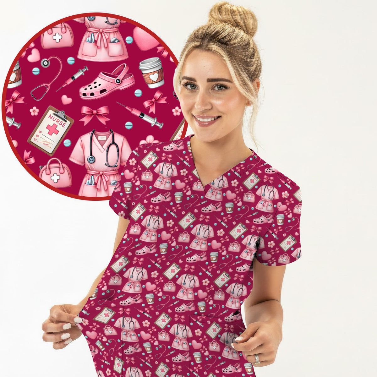 Valentine Pink Nurse Icons Scrub Set